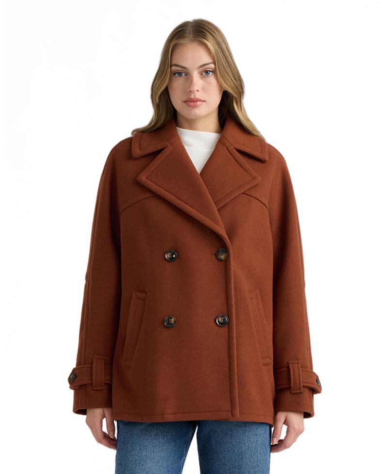 Women's Faux Wool Db Short Coat with Large Notch Collar and Cuff Tab