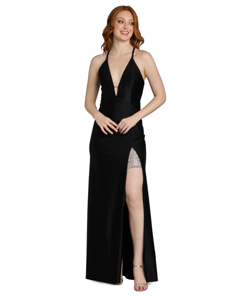 Juniors' Side-Slit X-Back Gown