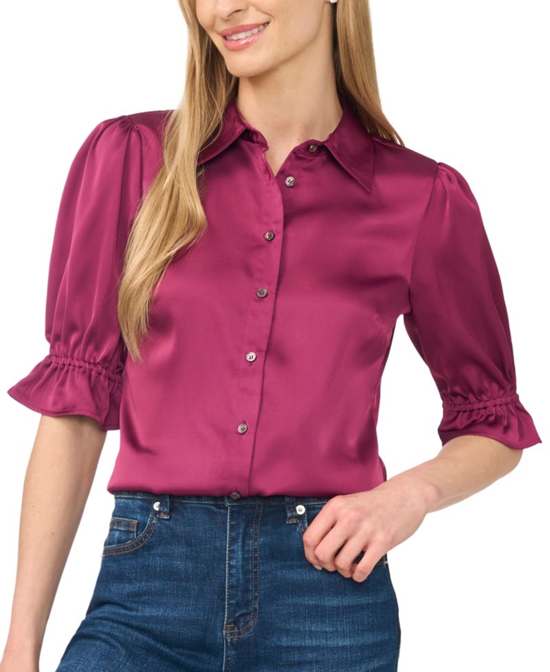 Women's Collared Balloon 3/4-Sleeve Button-Front Blouse