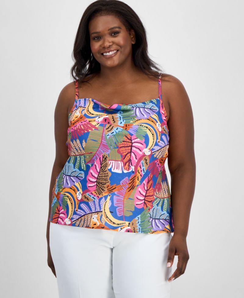 ASL Plus Size Printed Satin Draped-Neck Camisole Top