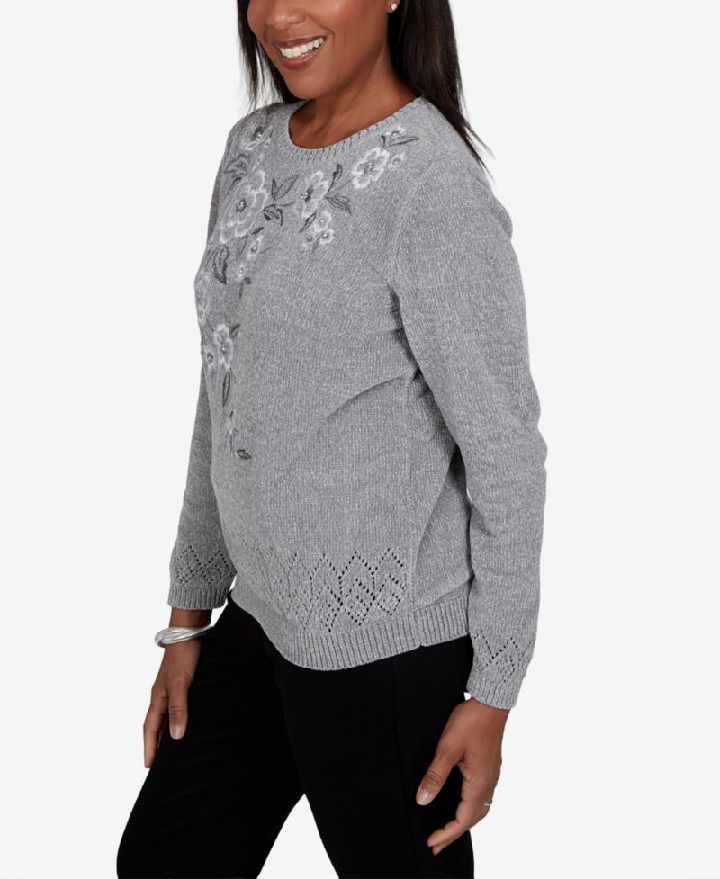 Petite Embroidered Floral Textured Chenille Sweater