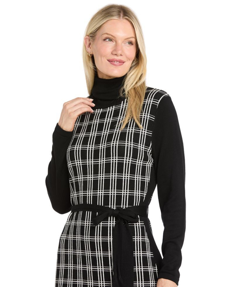 Women's Shift Windowpane Long-Sleeve Belted Turtleneck Sweater Dress
