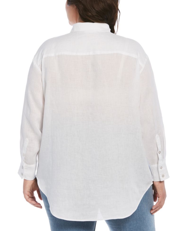 Plus Size 100% Linen Easy Long Sleeve Button-Down Shirt