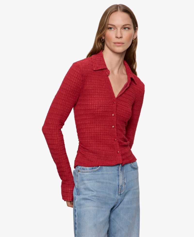 Petite Juno Textured Long-Sleeve Spread Collar Shirt