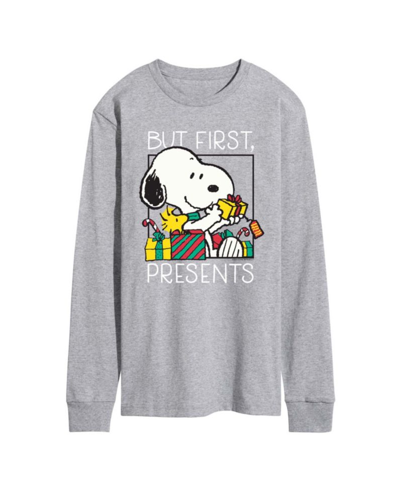Men's Peanuts Christmas Snoopy But First Presents Graphic Long-Sleeve T-Shirt