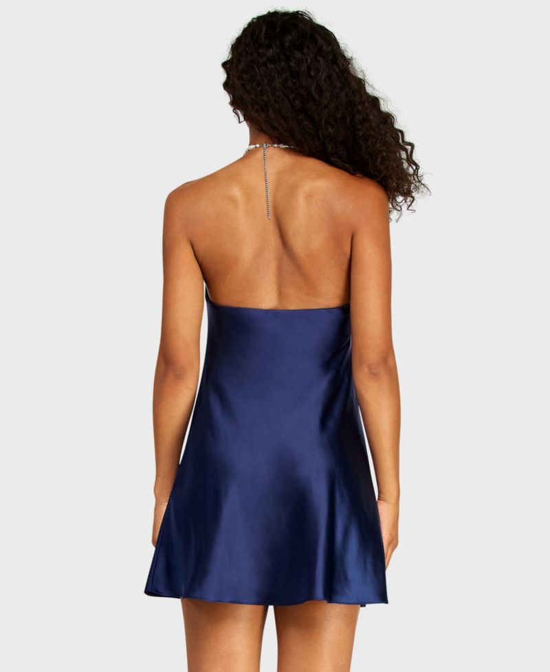 Juniors' Imitation Pearl Beaded Halter Heavy Satin Dress