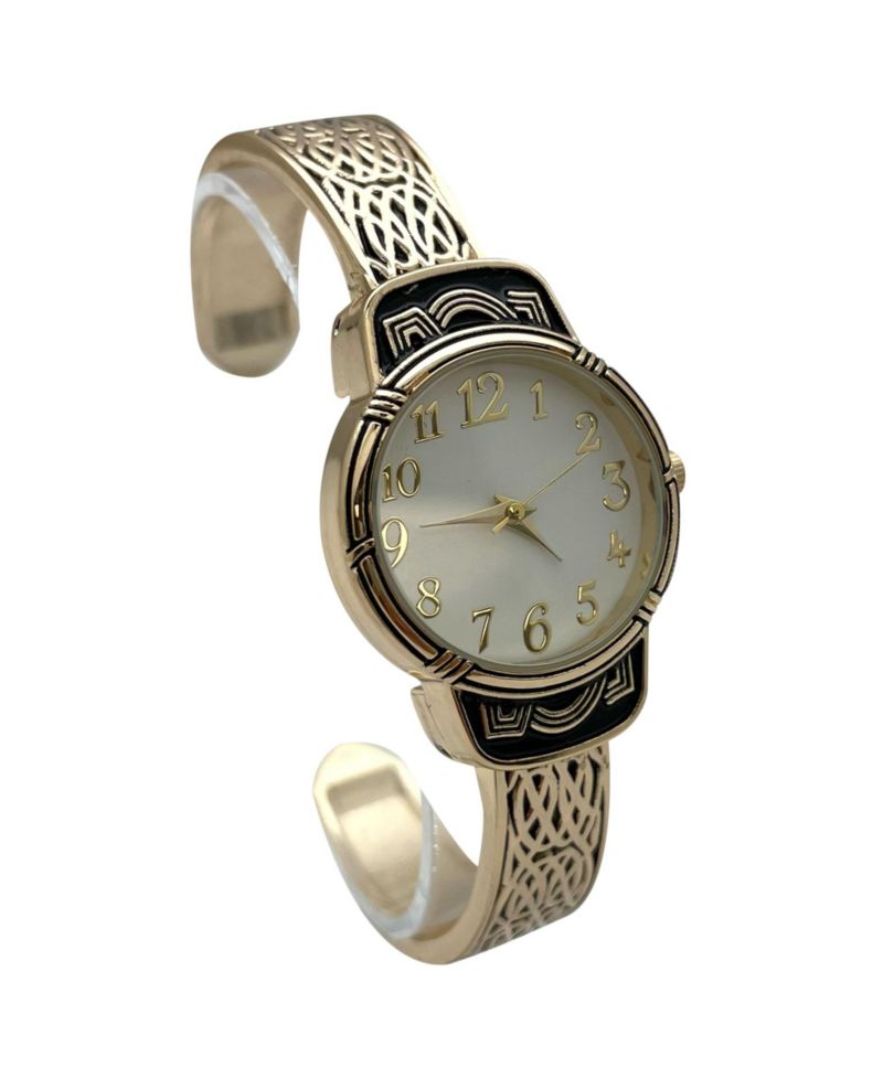 Elegant Metallic and Detailed Round Face Bangle Women Watch, Gold