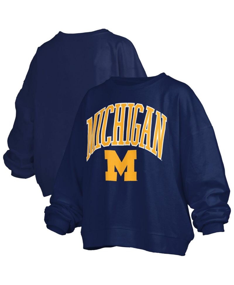Women's Navy Michigan Wolverines Janise Arch Over Logo Waist Length Oversized Pullover Sweatshirt