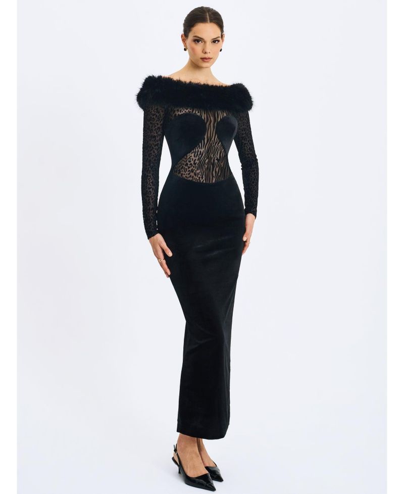 Women's Alexis Black Animal Print Faux Fur Boatneck Maxi Dress