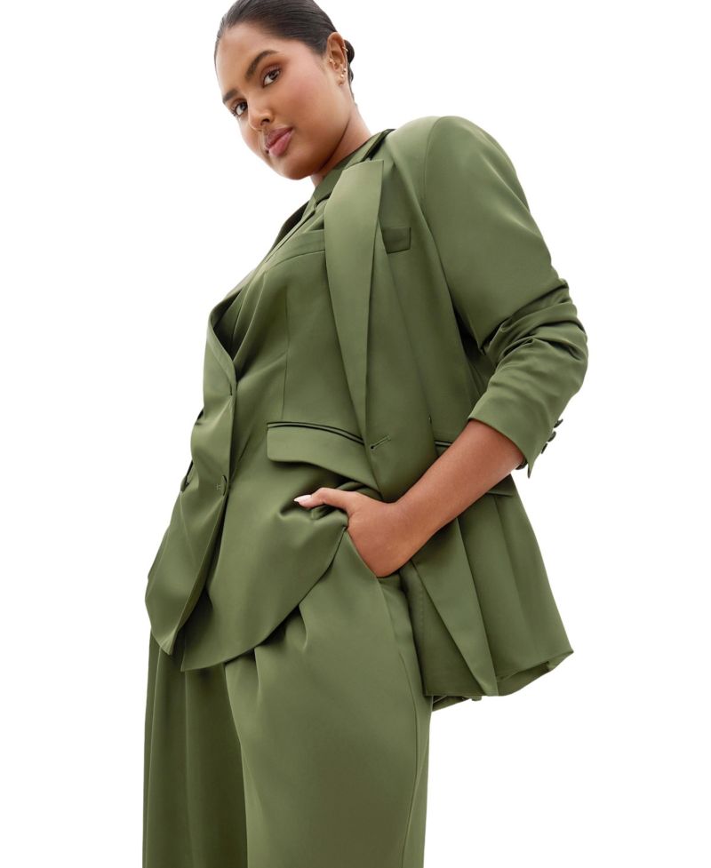 Plus Size Rylie Double-Breasted Satin Mid-Length Blazer