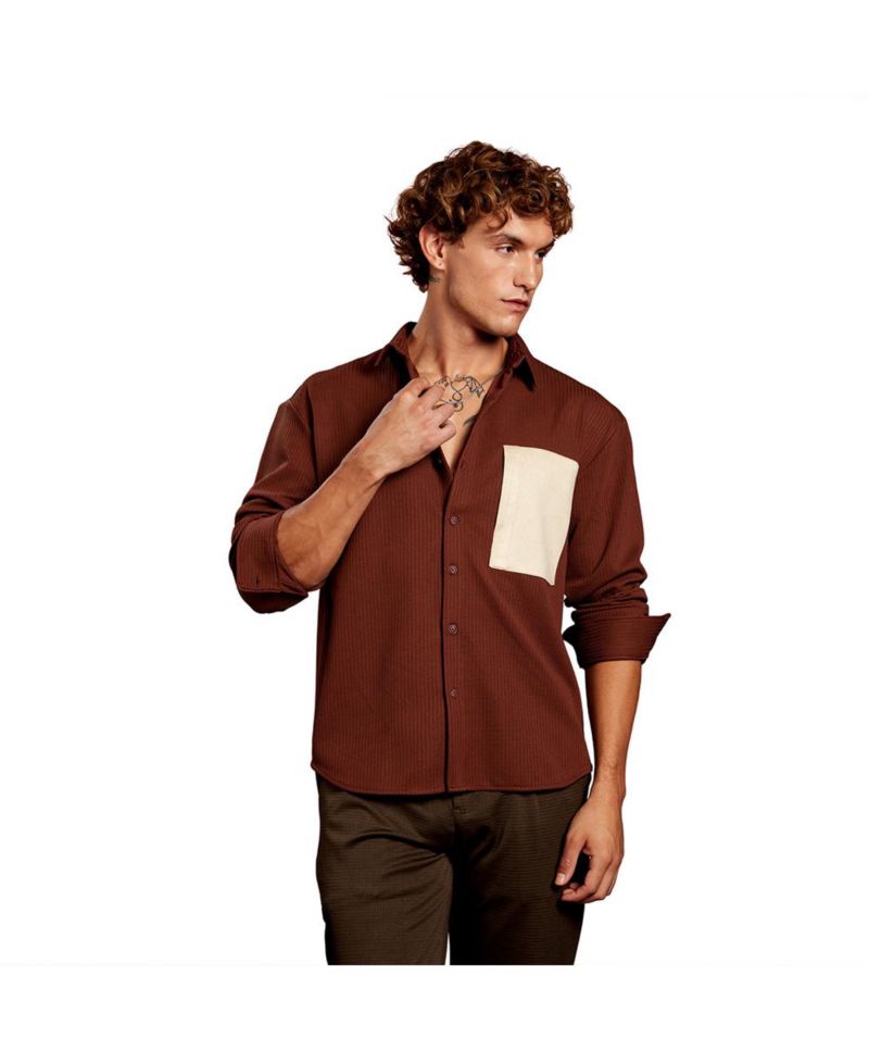 Men's Chocolate Brown Block-Patch Oversized Shirt