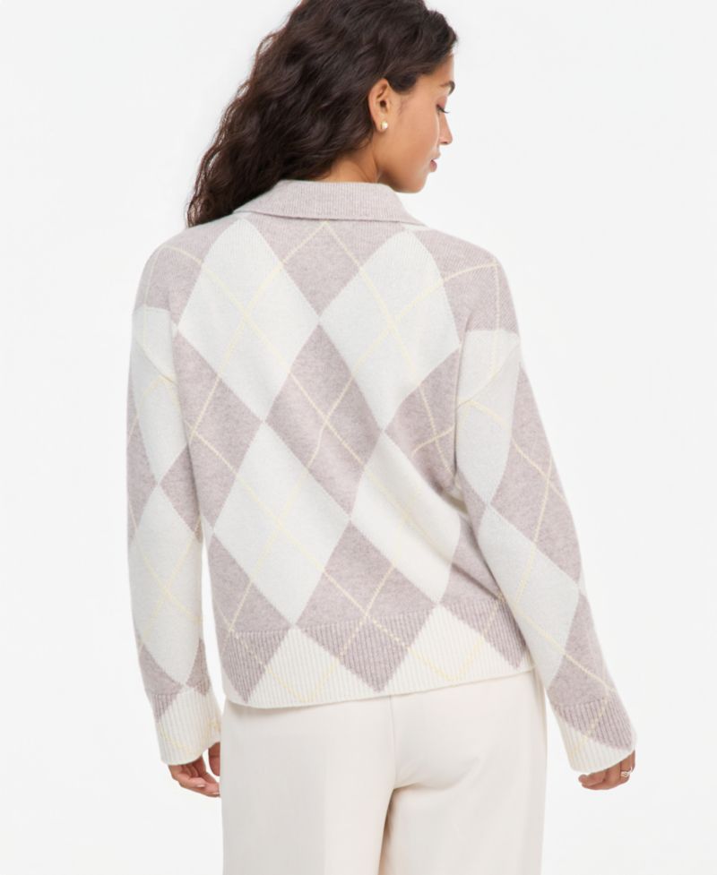 petite 100% Cashmere Argyle Oversized-Collar Sweater