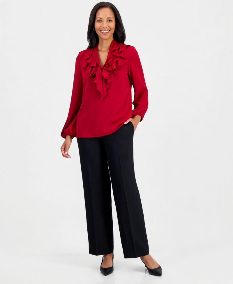 Women's Ruffle-Neck Tie-Front Long-Sleeve Blouse