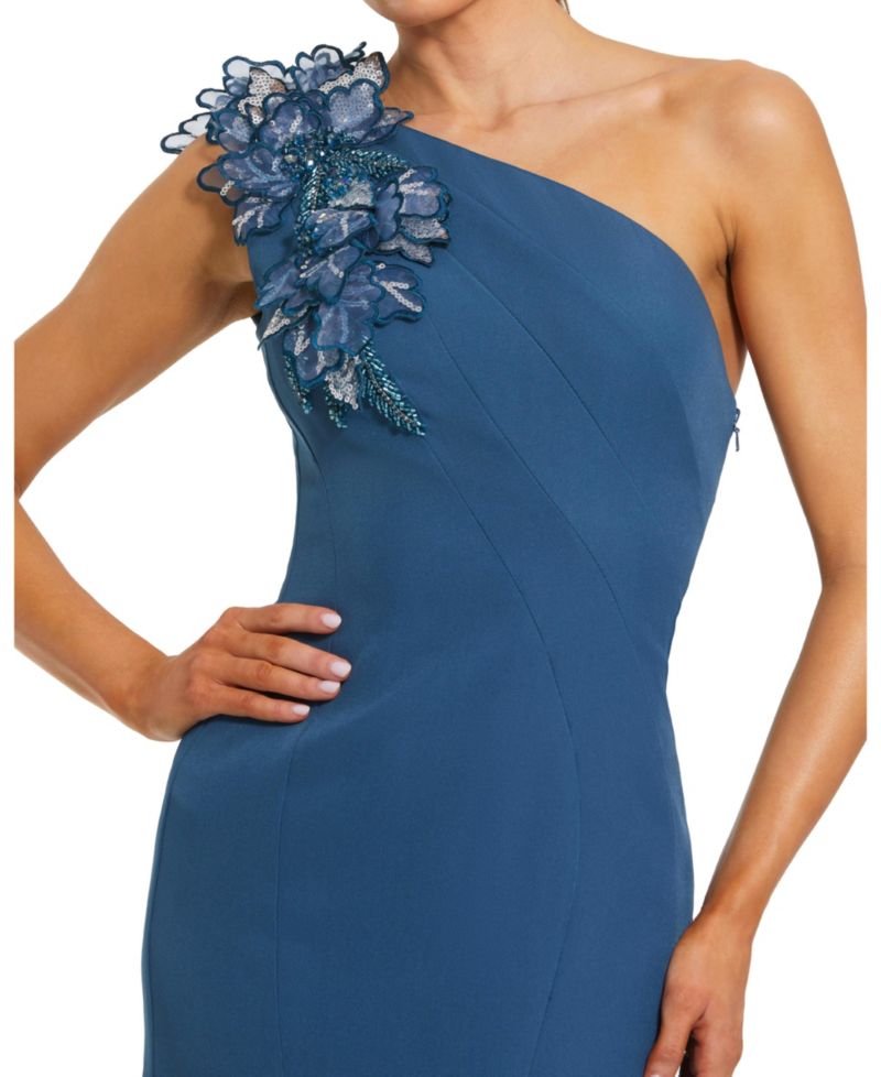 Women's 3D Flower Details With Crepe One Shoulder Evening Gown