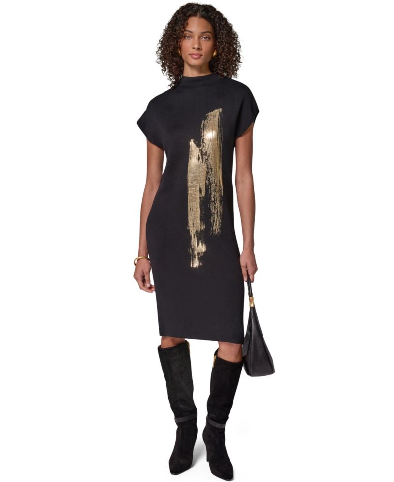 Petite Cap Sleeve Metallic-Print Graphic Midi Sweater Dress