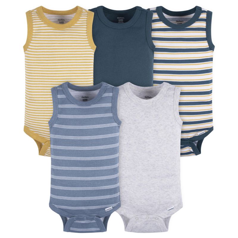 Baby Boys 5-Pack Sleeveless Onesies Bodysuits, Blue Stripe, 0-3 Months