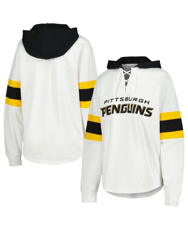 Women's White/Black Pittsburgh Penguins Goal Zone Long Sleeve Lace-Up Hoodie T-Shirt