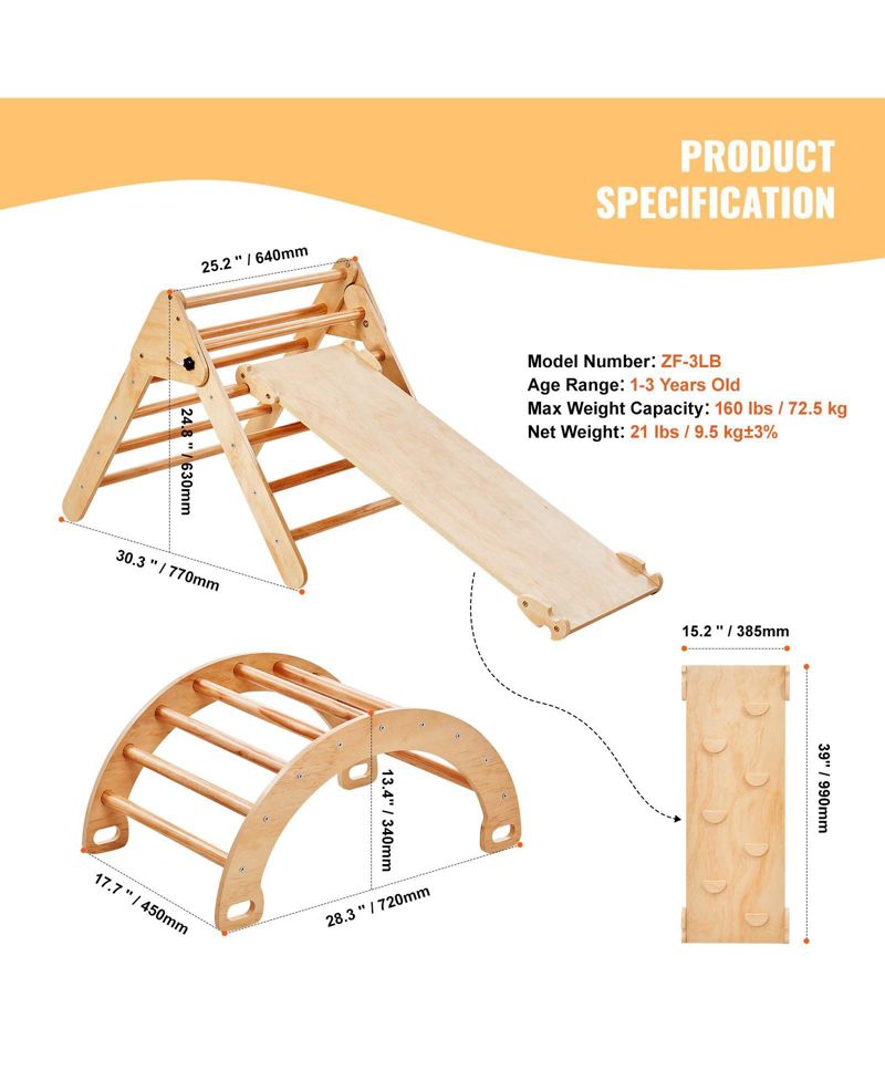 Pikler Triangle 5-in-1 Montessori-Inspired Wooden Climbing Gym, 3-Piece Set