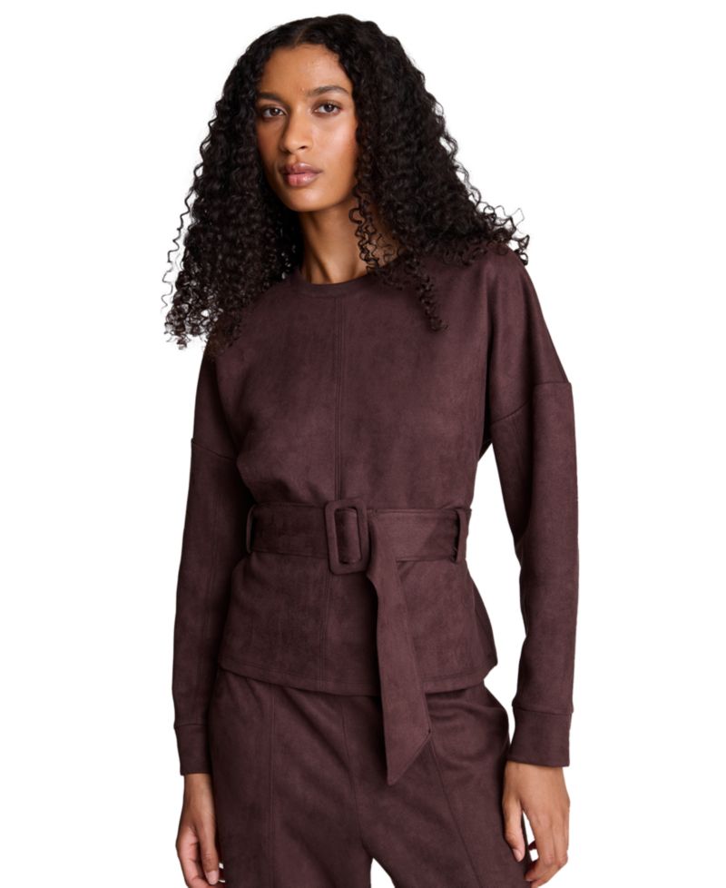 Women's Faux Suede Belted Crewneck Long Sleeve Pullover