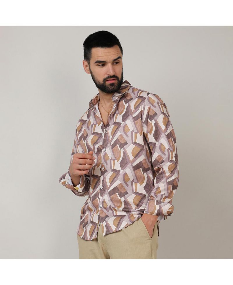 Men's Pale Yellow & Mocha Brown Abstract Block Shirt
