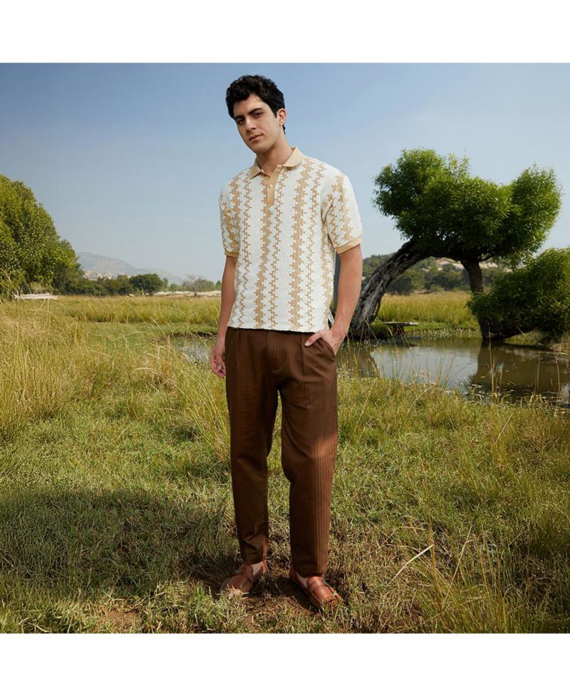Men's Buff Beige & Cream White Indie-Block Polo T-Shirt