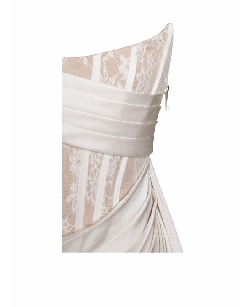 Women Callie Pearl White Lace Satin Corset High Slit Gown