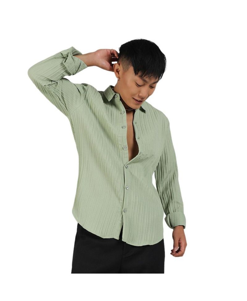 Men's Pistachio Green Self-Design Striped Shirt