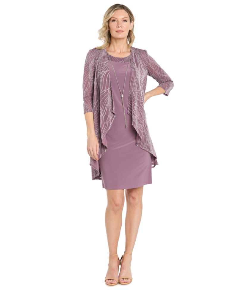 Women's 2-Piece Metallic Print Open-Front Jacket & Scoop Neck Necklace Dress