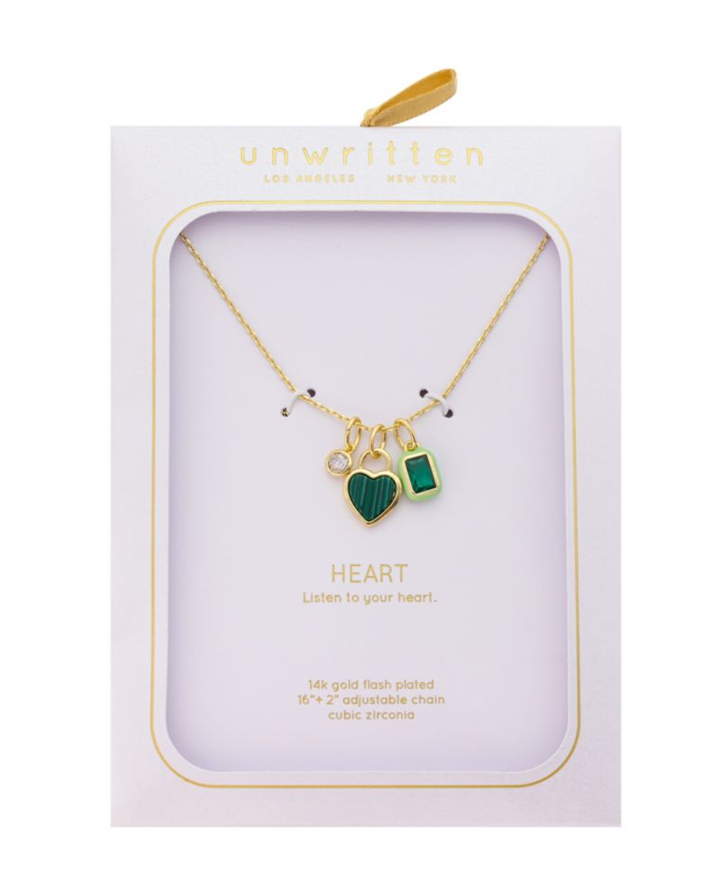 Cubic Zirconia Gold-Tone Plated Malachite Stone Cluster Charm Necklace