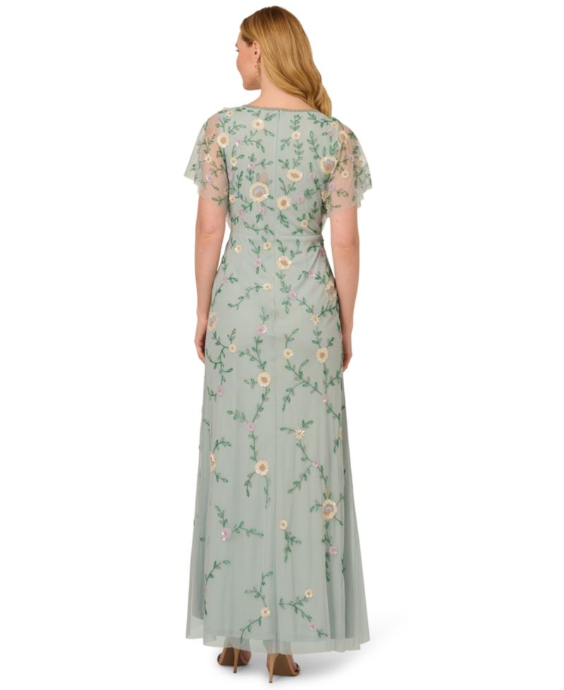 Petite V-Neck Beaded Mesh Gown