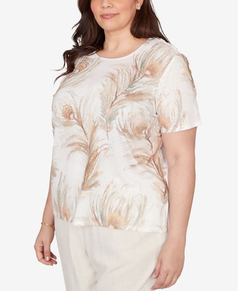 Plus Size Natural Wonder Feather Print Short-Sleeve T-Shirt