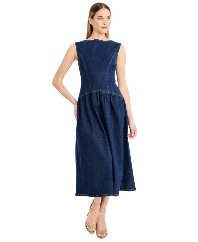 Women's Denim Sleeveless Crewneck Midi Dress