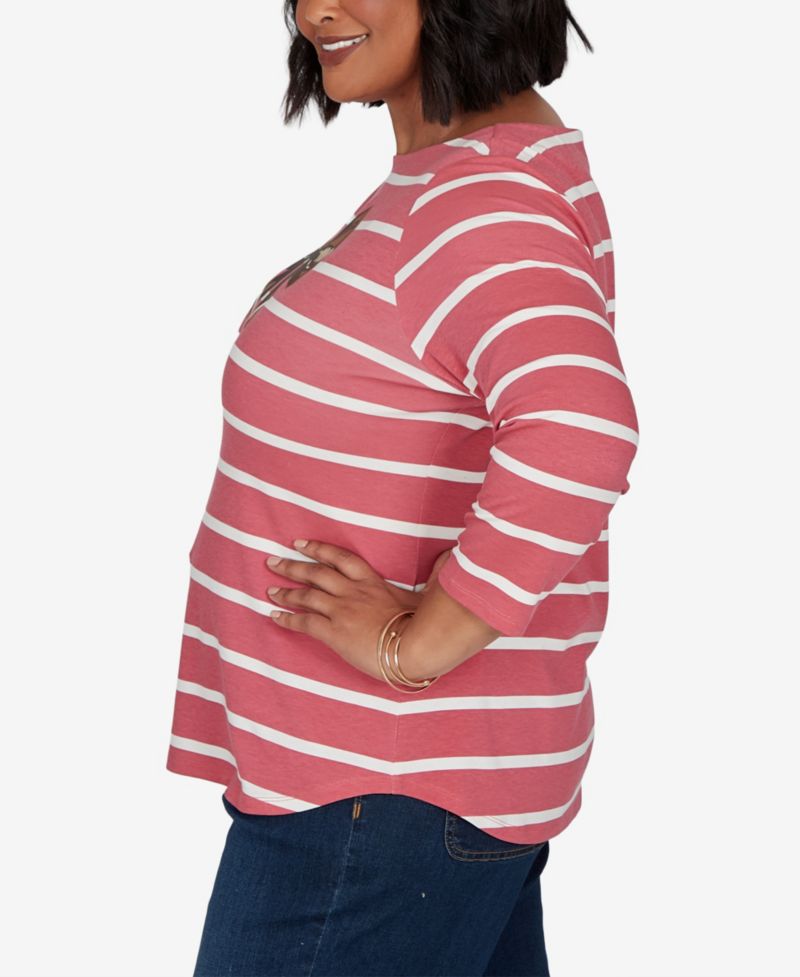 Plus Size Boat Neck 3/4-Sleeve Striped T-Shirt