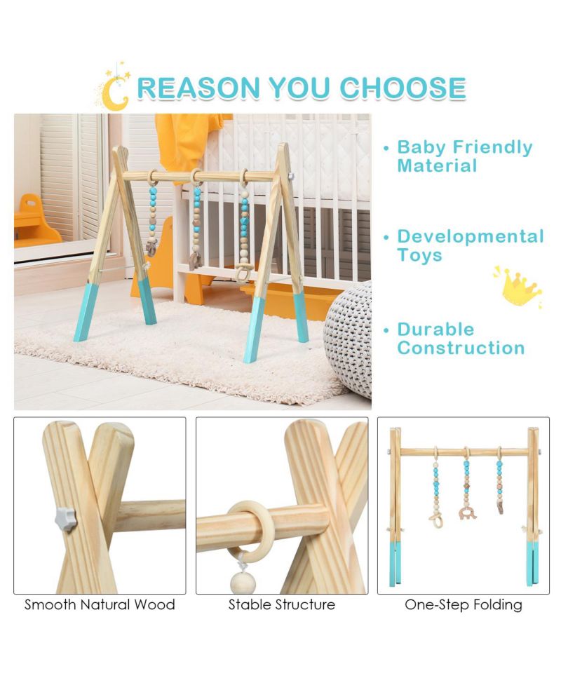 Toddler Wooden Gym with 3 Wooden Teething Toys Hanging Bar