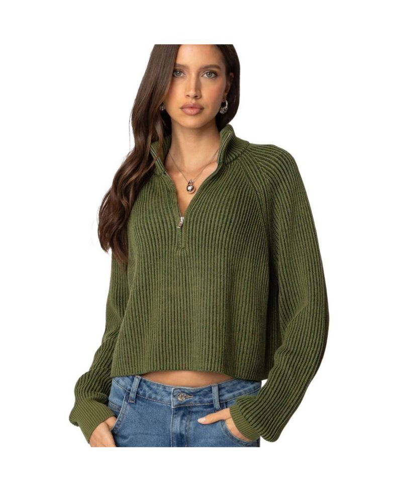Women's Cropped Rib Knit Half Zip Sweater