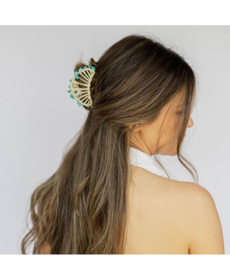 Women's Raffia Seashell Hair Claw Clip - Teal