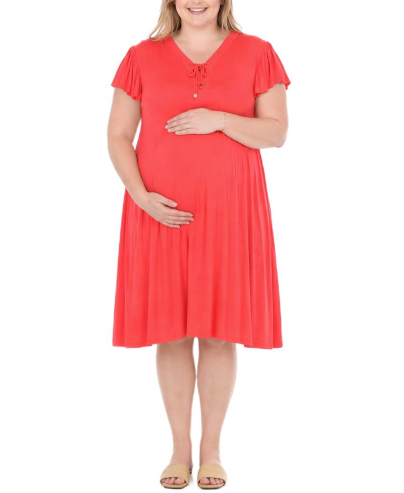 Plus Size Flutter-Sleeve Tie-Neck Maternity Dress