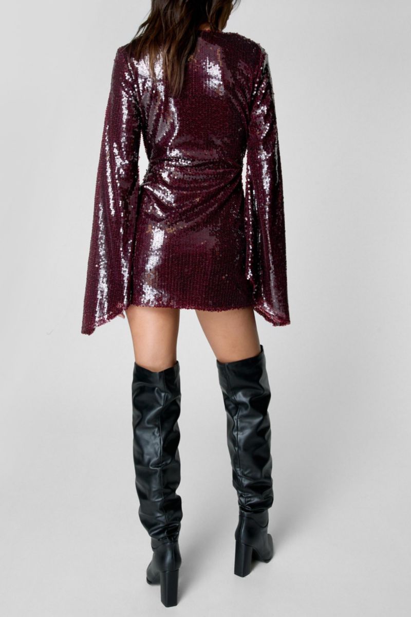 Women's Flared Sleeve Tie Front Mini Dress