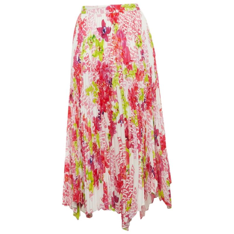 Women's Multicolor Floral Print Satin Pleated Asymmetric Midi Skirt