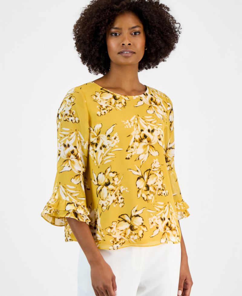 Women's 3/4 Ruffled-Sleeve Printed Top, Regular & Petite