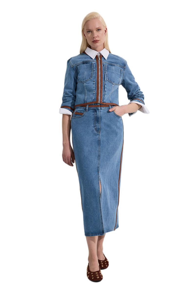 Women's Denim and Leather Collarless Jacket