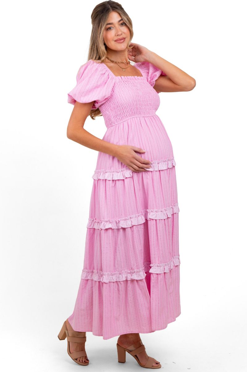 Women's Pink Smocked Ruffle Tiered Puff Sleeve Maxi Dress