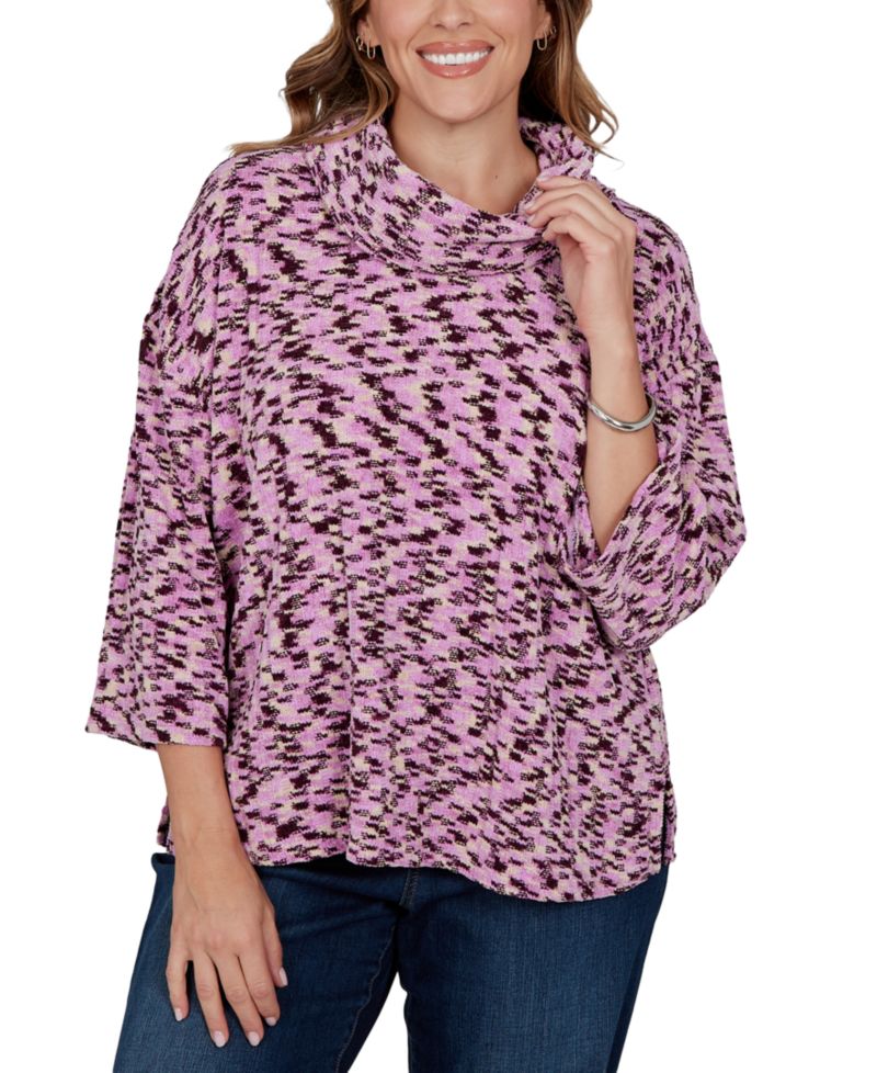 Plus Size Cowl Neck 3/4-Sleeve Spacedye Knit Top