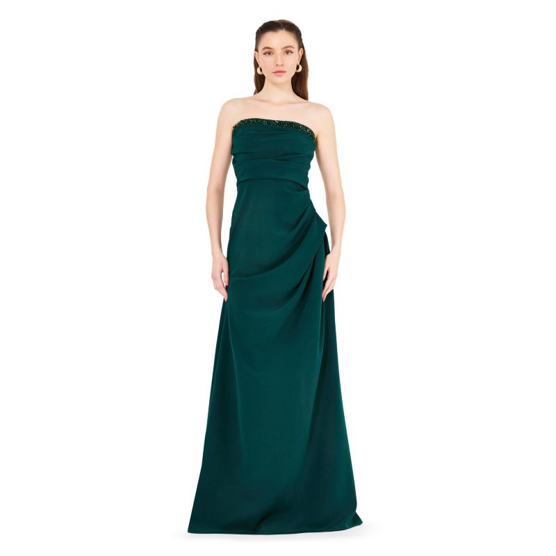 Women's Hand Embellished Strapless Pleated Gown
