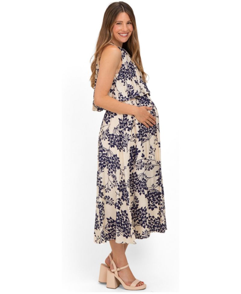 Women's Navy Floral Flounce Halter Midi Dress