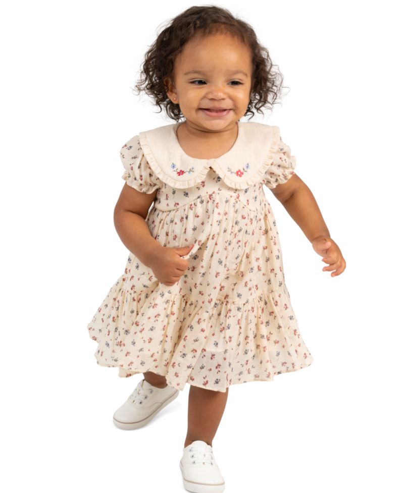 Baby Girls' Printed Ditsy Floral Cotton Voile Dress and Diaper Cover, 2-Piece Set