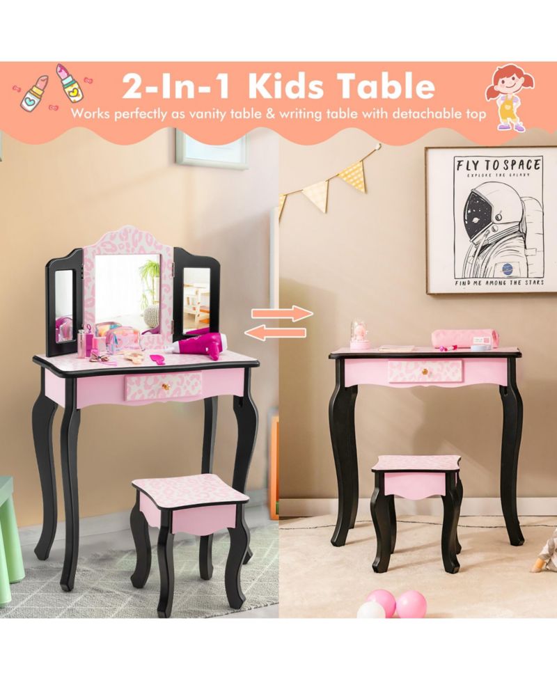 Kid Vanity Set Wooden Makeup Table Stool Tri-Folding Mirror