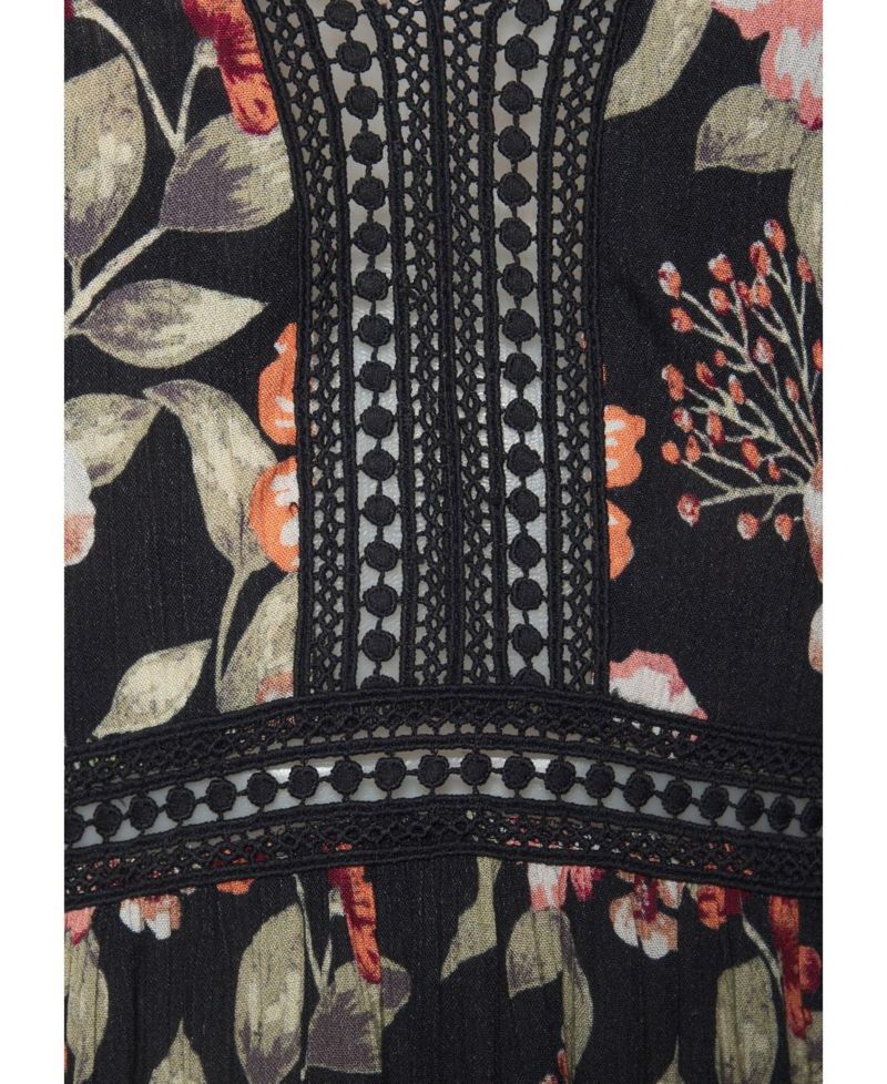 Women's Viscose Floral Print Crochet Detail A-Line V-Neck Maxi Dress