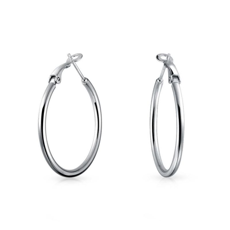 Round Tube Hoop Earrings Hinged Notched Post 1.4" Plain Sterling Silver
