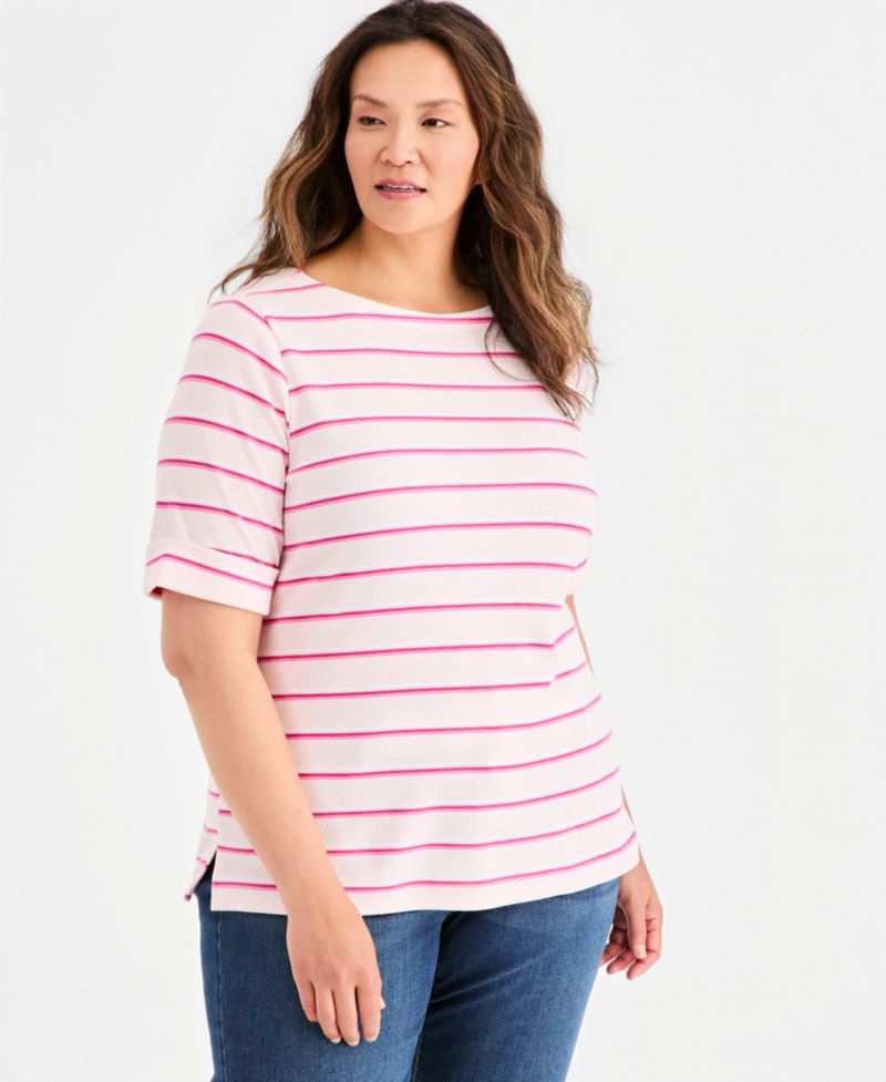 Petite Multi-Stripe Boat-Neck Elbow-Sleeve Top